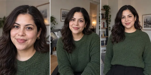 The same remote worker in three coordinated portrait crops for chat, video meetings, and a professional profile