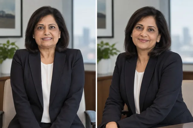 The same executive posed rigidly beside a more relaxed portrait with lowered shoulders and a natural expression