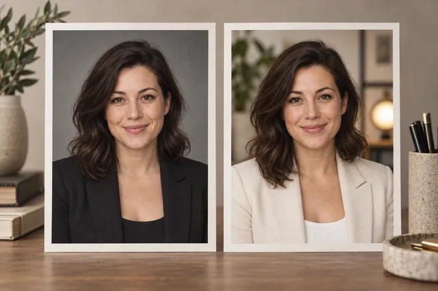 Two illustrative portraits of one person in different jackets and studio settings