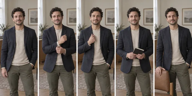 Five matched portraits demonstrate a pocket, cuff, lapel, notebook, and chair-back hand action.