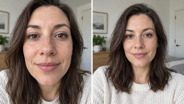 Two illustrative portraits show the same face framed very close to a phone and from farther away.