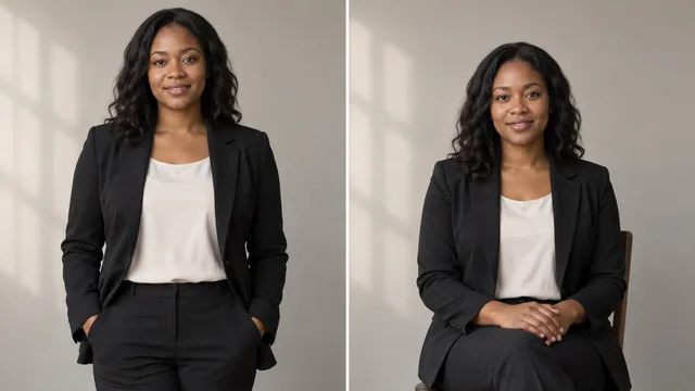 The same professional is shown standing and seated against a plain background in two matched portrait panels.