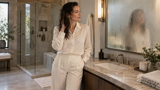 Adult woman with damp hair in a cream blouse and trousers stands beside a fogged bathroom mirror