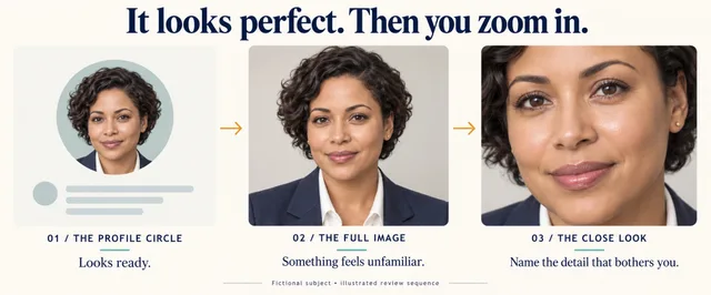 A three-frame visual story moves from a small profile circle to a full portrait and a close facial detail, showing how a reviewer names an unfamiliar detail.
